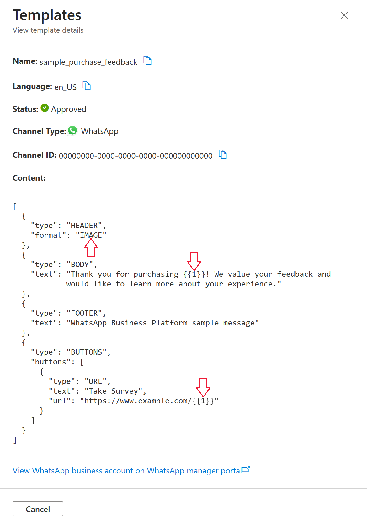 Screenshot that shows template details for template named sample_purchase_feedback.