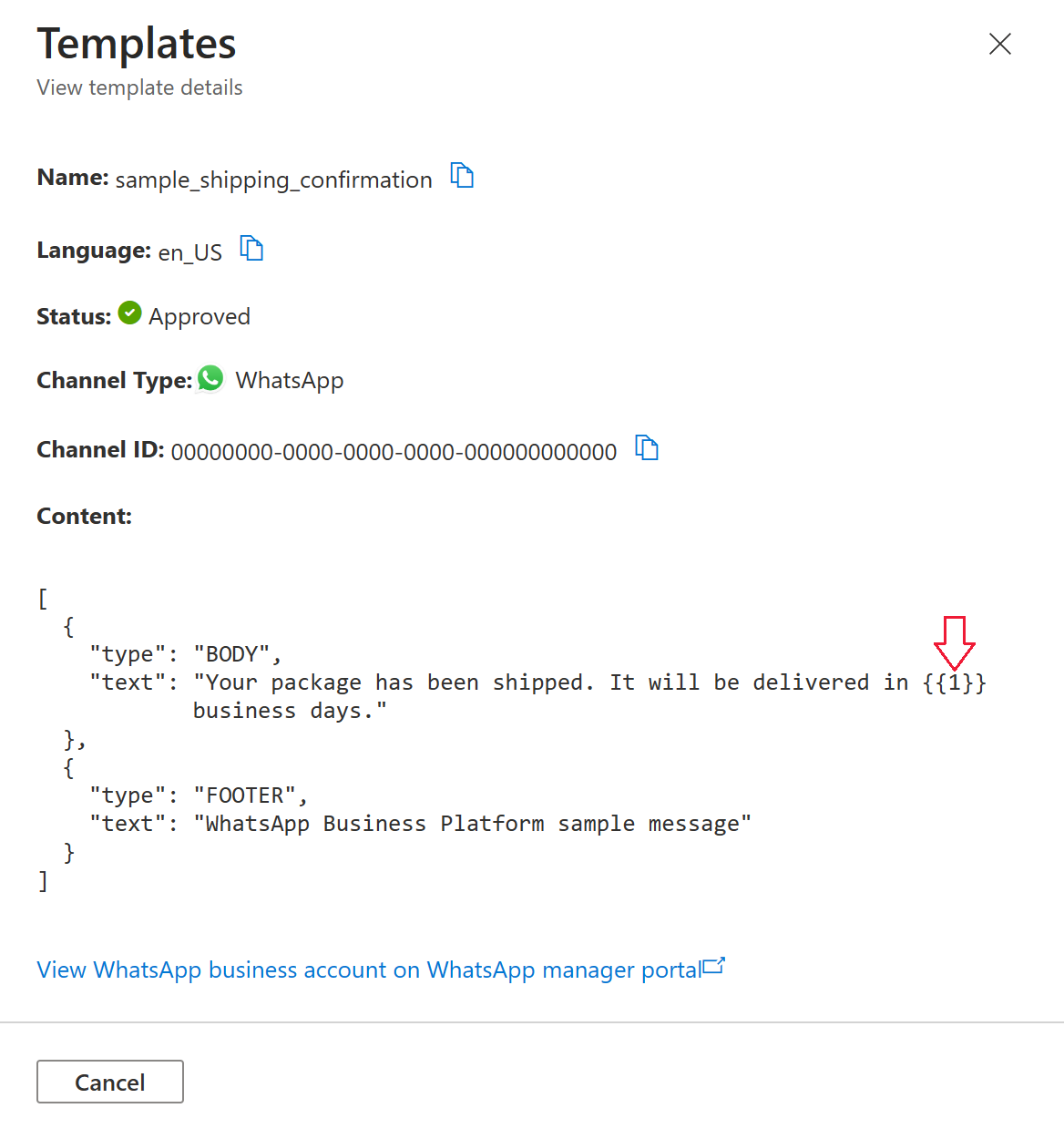Screenshot that shows template details for template named sample_shipping_confirmation.