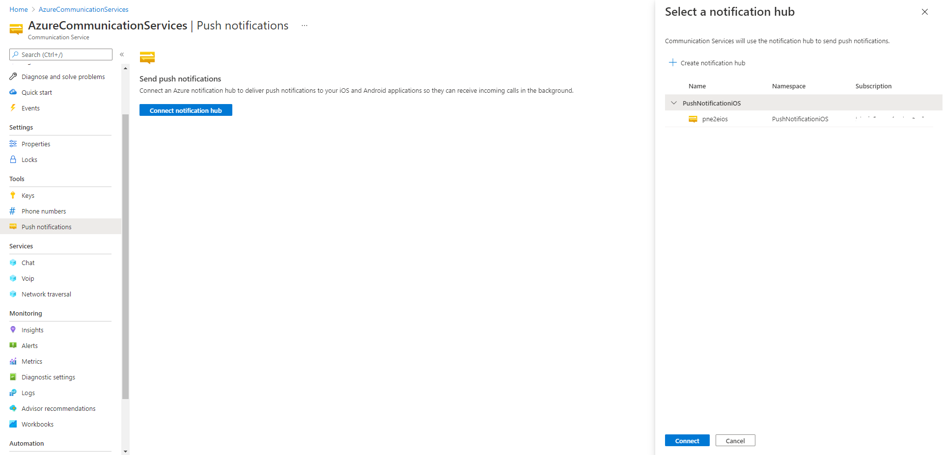 Screenshot che mostra le impostazioni delle notifiche push nel portale di Azure.