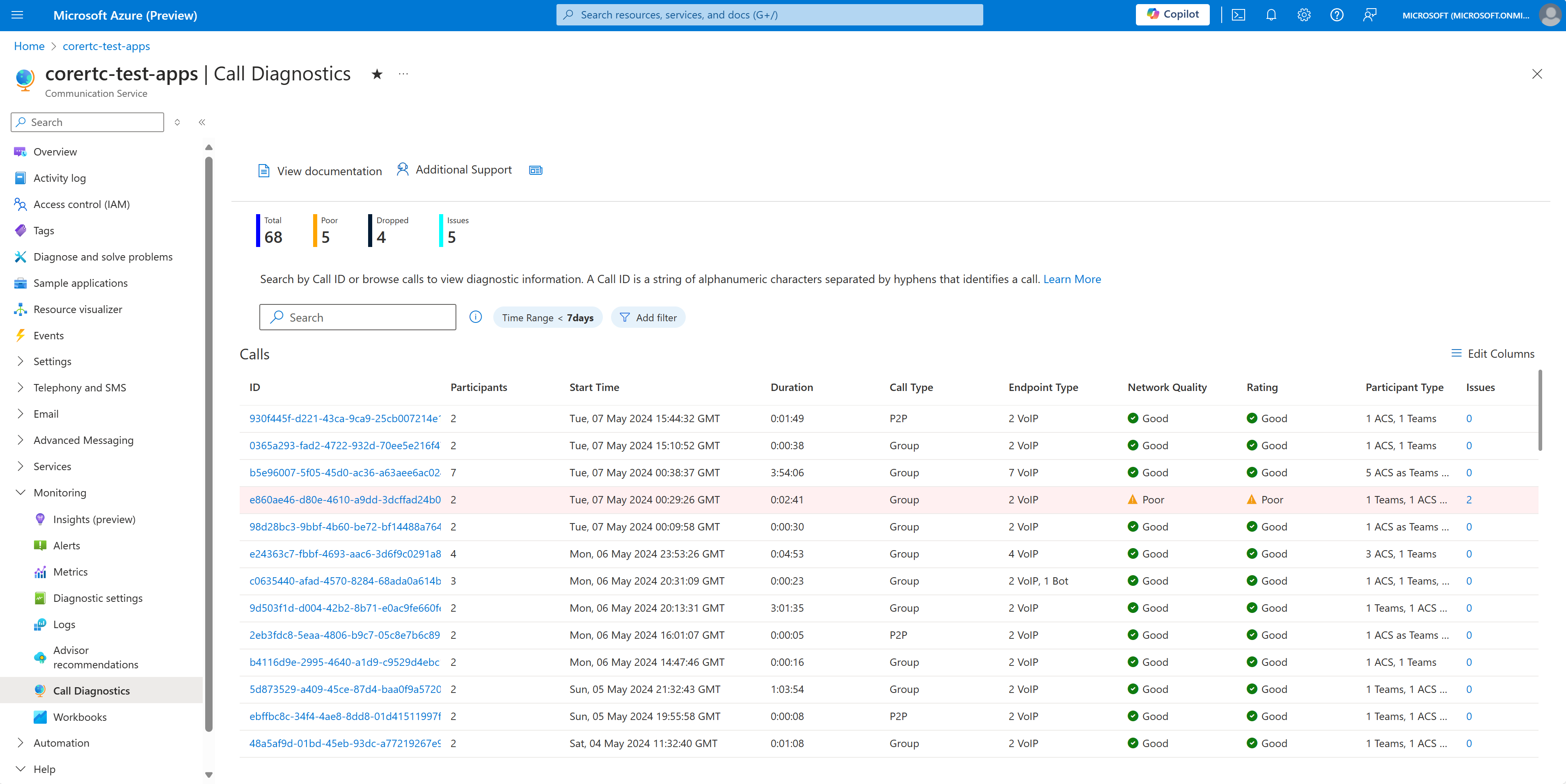 Screenshot della ricerca delle chiamate di diagnostica delle chiamate che mostra le chiamate recenti per la risorsa di Servizi di comunicazione di Azure.