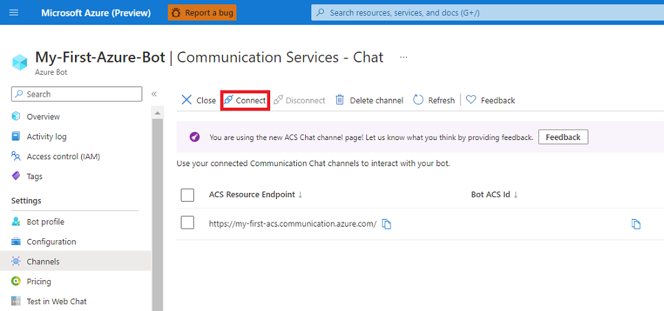 Screenshot that shows how to connect a Communication Service resource to the bot.