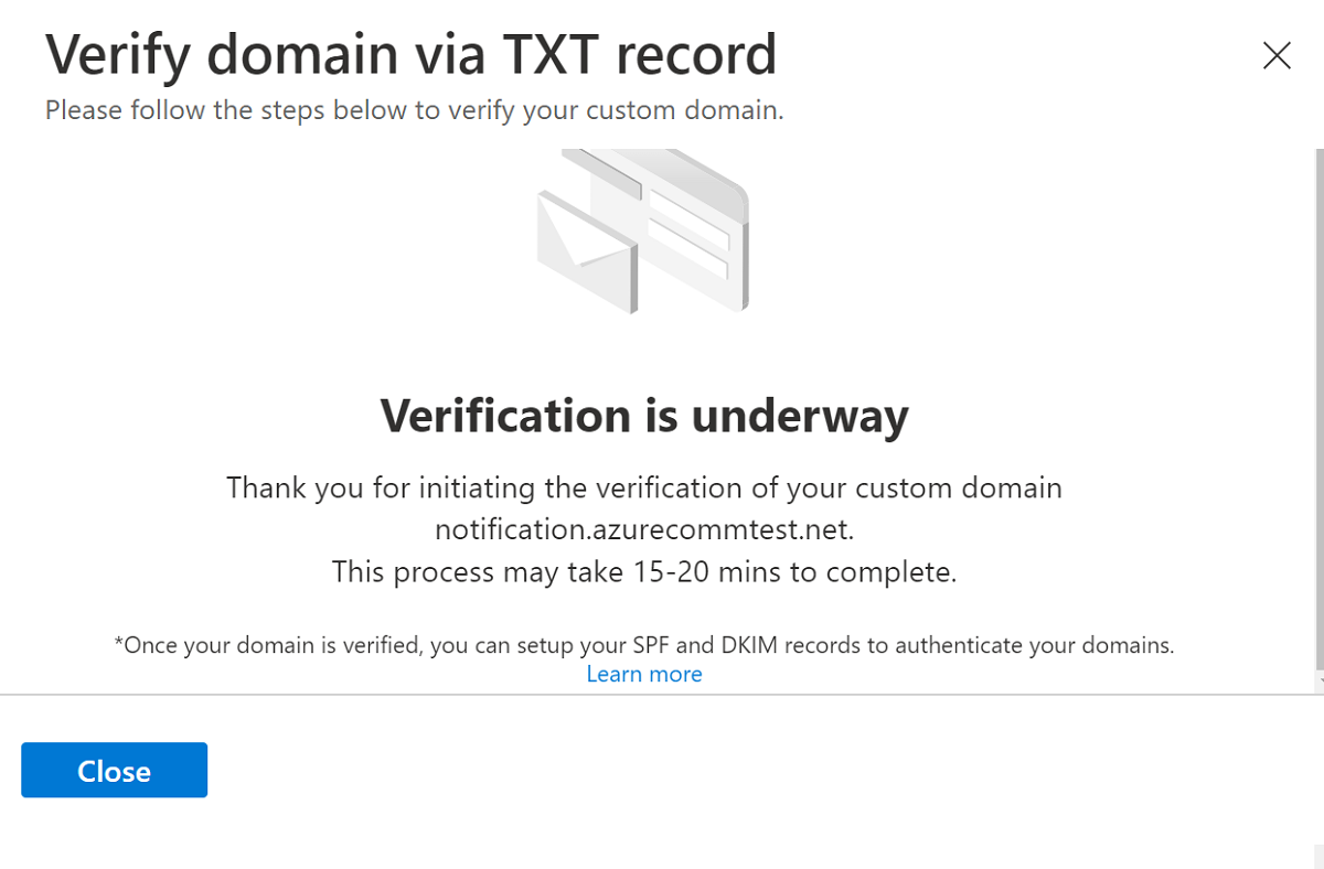 Screenshot che mostra che la verifica del dominio è in corso.