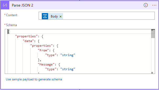 Screenshot del connettore Parse JSON.