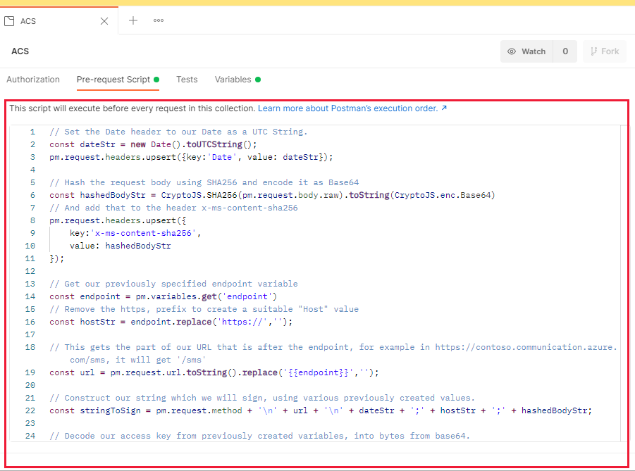 Postman con lo script pre-richiesta di una raccolta di Servizi di comunicazione di Azure immesso.