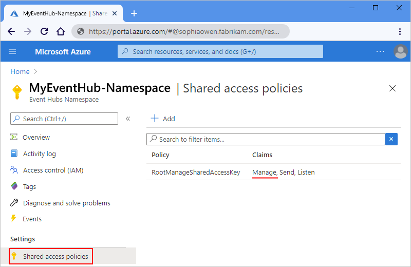 Screenshot che mostra il portale di Azure, lo spazio dei nomi di Hub eventi e le autorizzazioni