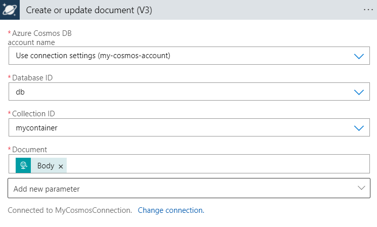 Screenshot che mostra la finestra di progettazione per un flusso di lavoro dell'app per la logica a consumo con l'azione e la configurazione dei parametri 