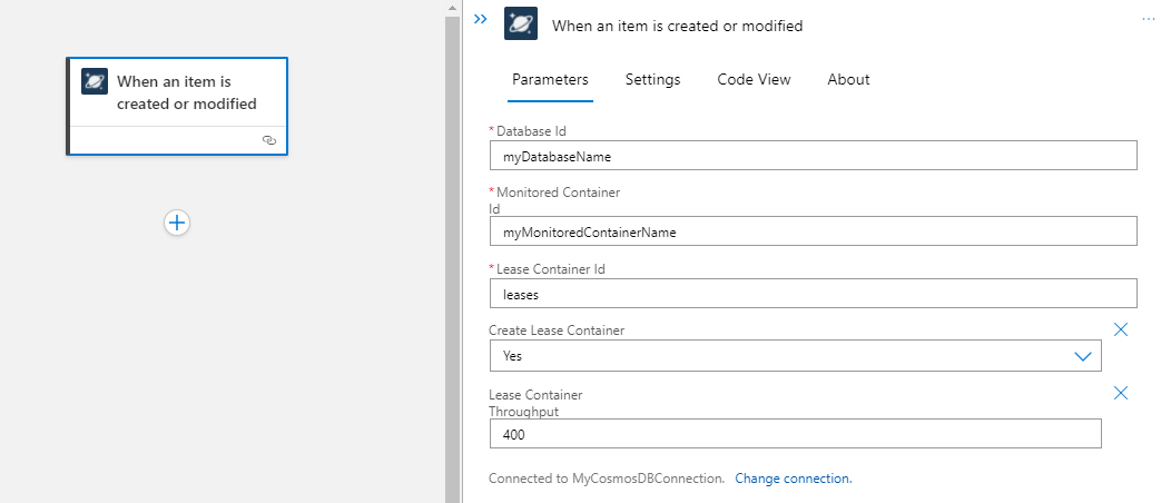 Screenshot che mostra la finestra di progettazione per un flusso di lavoro dell'app per la logica Standard con una configurazione di trigger e parametri di Azure Cosmos DB.