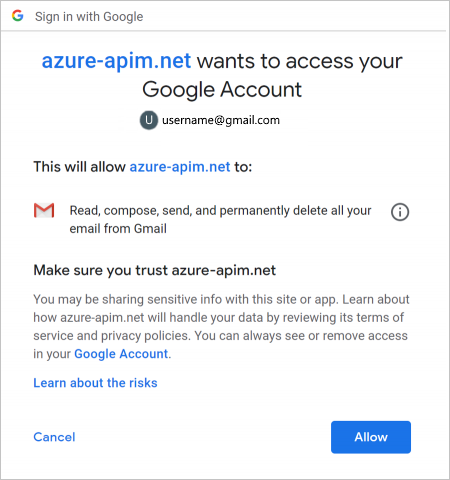Prompt for access to your Google account