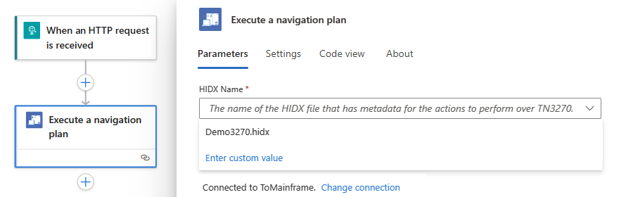 Screenshot shows Standard workflow designer, 3270 action, and selected HIDX file.