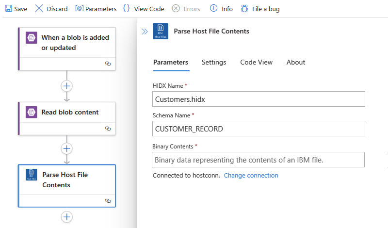 Screenshot shows the Parse Host File Contents action with selected HIDX file and schema.