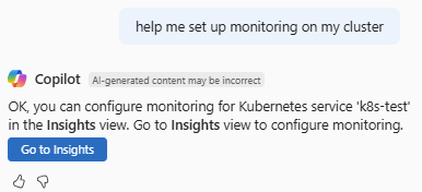 Screenshot in cui Azure Copilot fornisce indicazioni per configurare il monitoraggio in un cluster del servizio Azure Kubernetes.