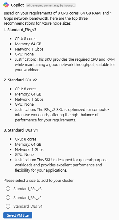 Screenshot di Azure Copilot che fornisce raccomandazioni sulle dimensioni appropriate delle macchine virtuali (VM) per un nuovo cluster AKS.