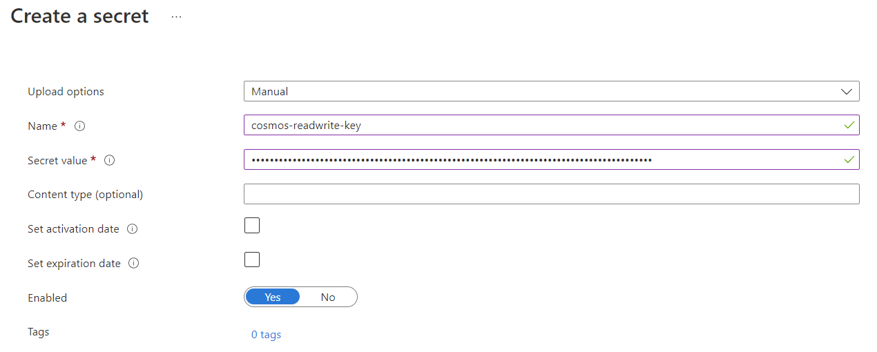 Screenshot of the Create a secret dialog in the Azure portal with details for a PRIMARY KEY secret.