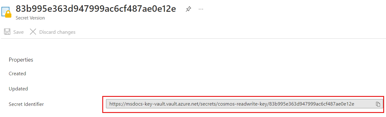 Screenshot of a secret identifier for a key vault secret named cosmos-readwrite-key.