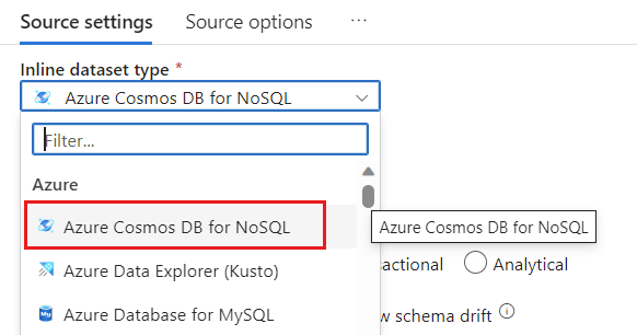 Screenshot della selezione di Azure Cosmos DB for NoSQL come tipo di set di dati.