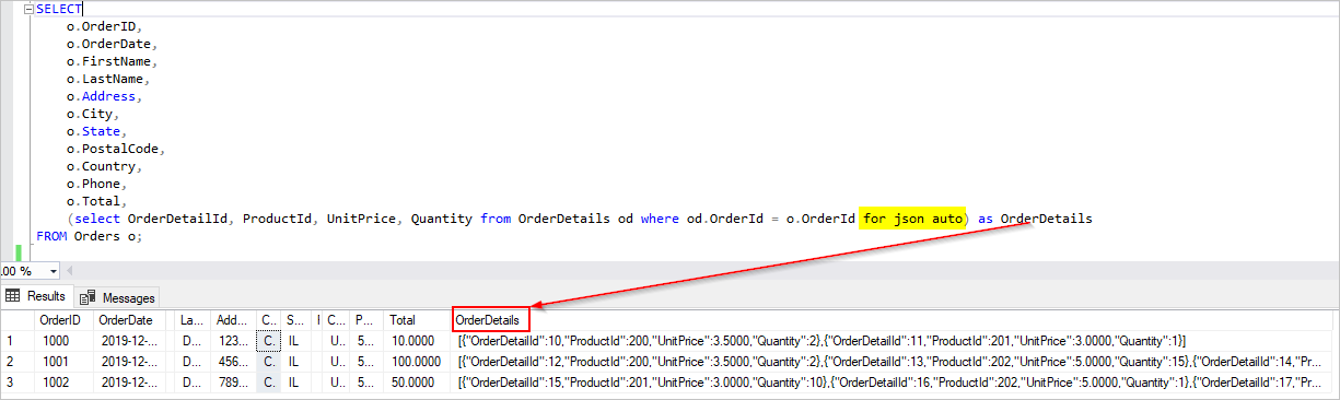 Screenshot of a query that results in details of various orders.