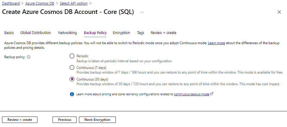 Effettuare il provisioning di un account Azure Cosmos DB con configurazione di backup continuo.