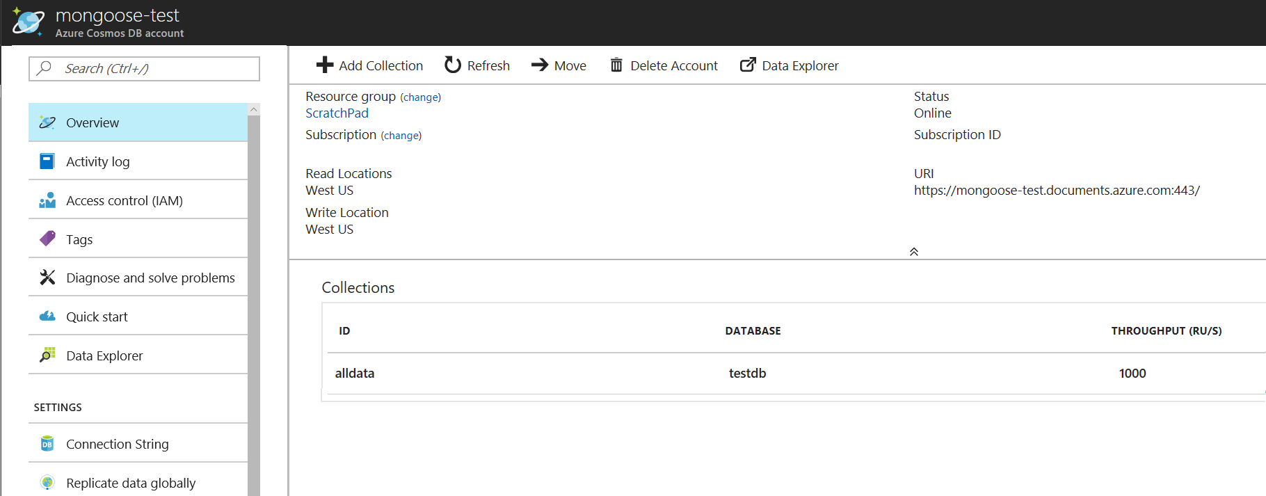 Node.js esercitazione - Screenshot del portale di Azure che mostra un account Azure Cosmos DB con il nome della raccolta evidenziato - Database node