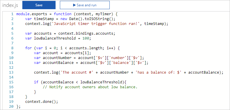 File index.js di un trigger timer per uno scenario finanziario