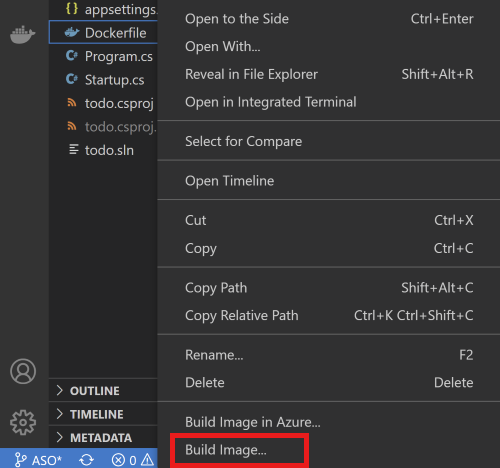 Screenshot del menu di scelta rapida in Visual Studio Code con l'opzione Compila immagine selezionata.