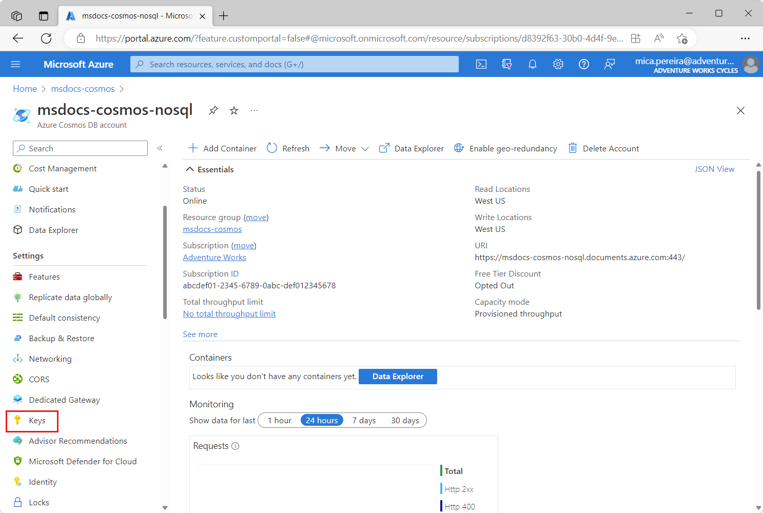 Screenshot di una pagina dell'account API per NoSQL. L'opzione Chiavi è evidenziata nel menu della risorsa.