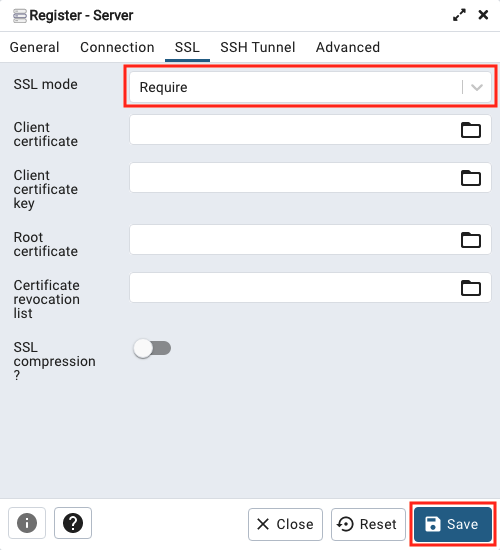 Screenshot che mostra le impostazioni SSL pgAdmin.