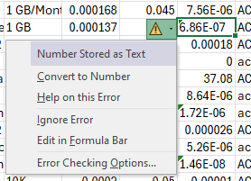 Screenshot che mostra l'errore Number archiviato come testo.