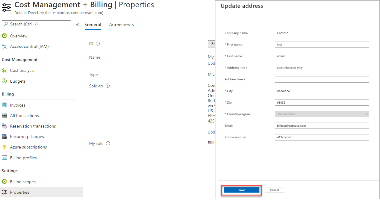 Screenshot che mostra l'aggiornamento dell'indirizzo venduto a per un account del Contratto del cliente microsoft.