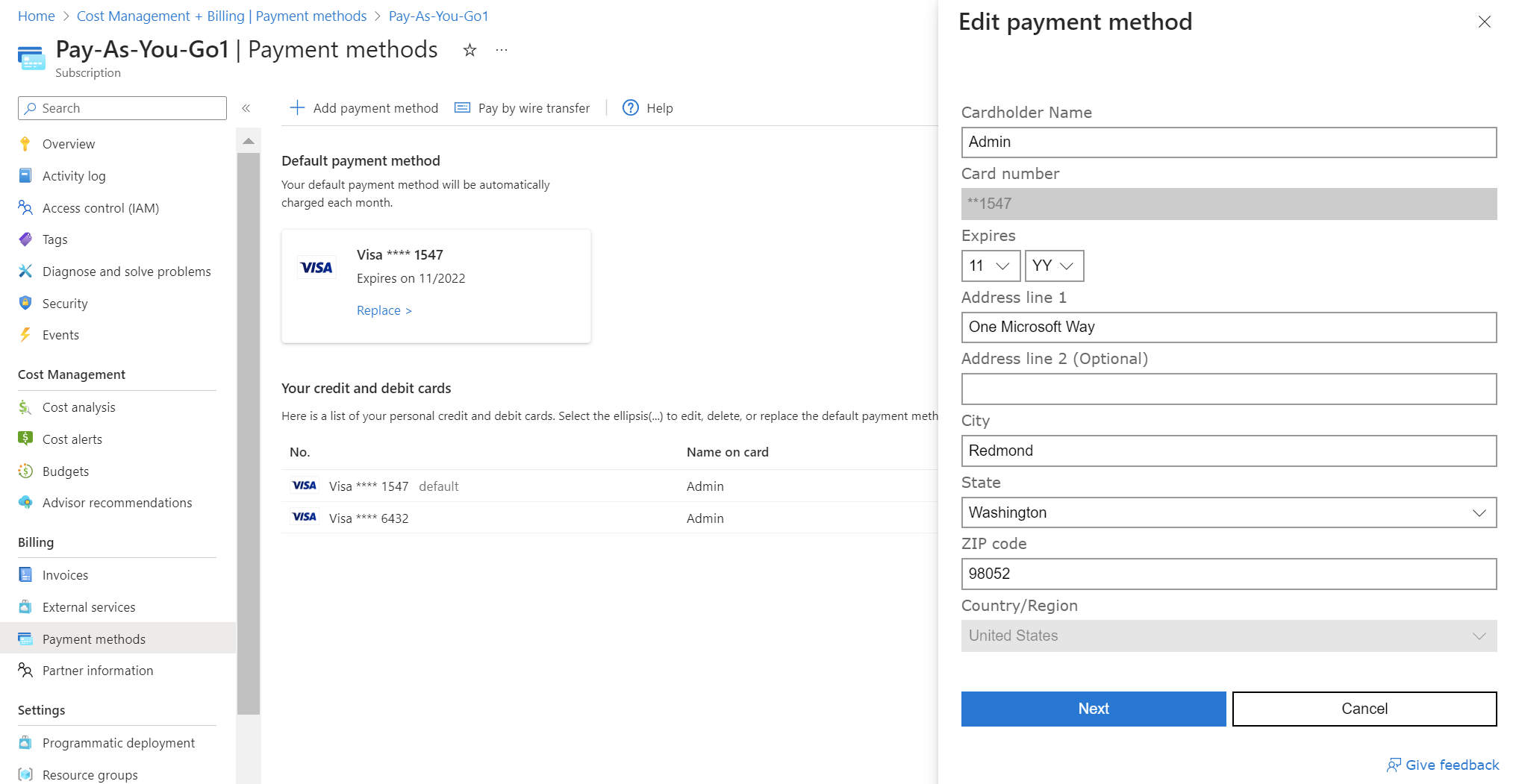 Aggiungere, aggiornare o eliminare un metodo di pagamento - Microsoft Cost  Management | Microsoft Learn