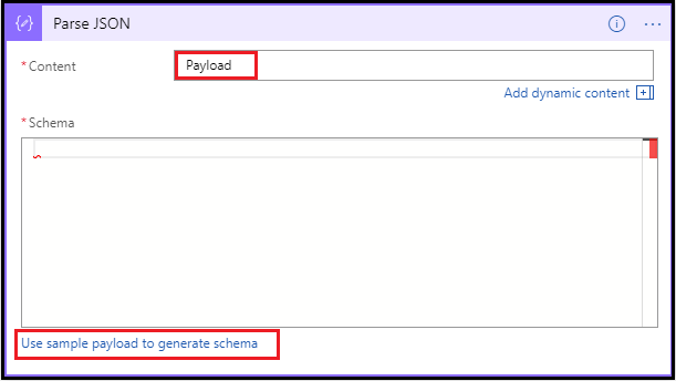 Screenshot che mostra l'uso di dati JSON di esempio per generare il payload dello schema.