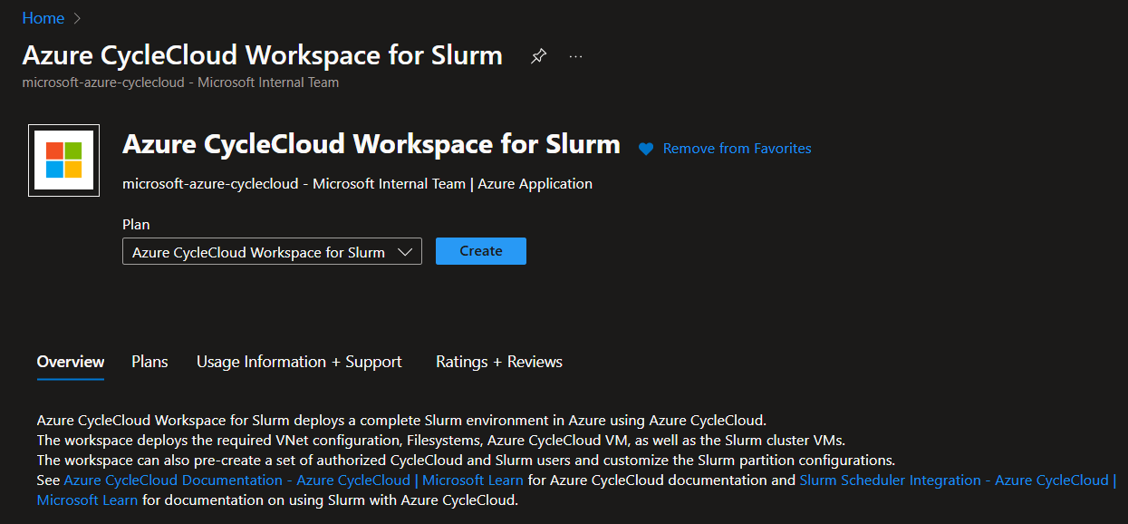 Screenshot della schermata dell'area di lavoro Azure CycleCloud per Slurm Marketplace.