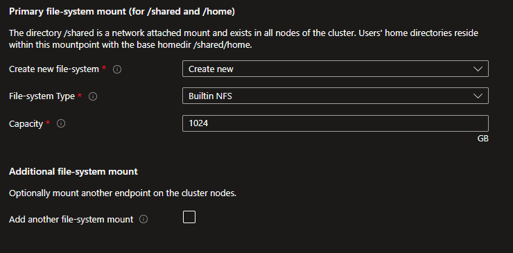 Screenshot della schermata delle opzioni per la creazione di un nuovo NFS predefinito durante il montaggio del file system per /shared e /home.