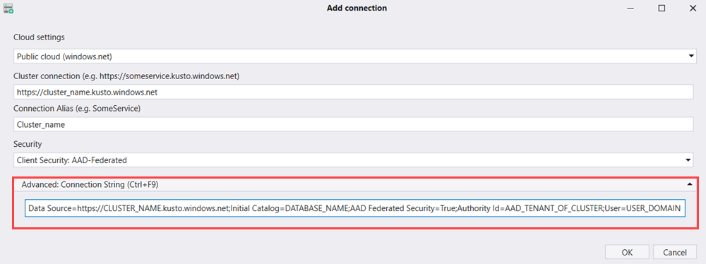 Screenshot del riquadro Aggiungi connessione che mostra l'opzione Denominata Stringa di connessione avanzata.