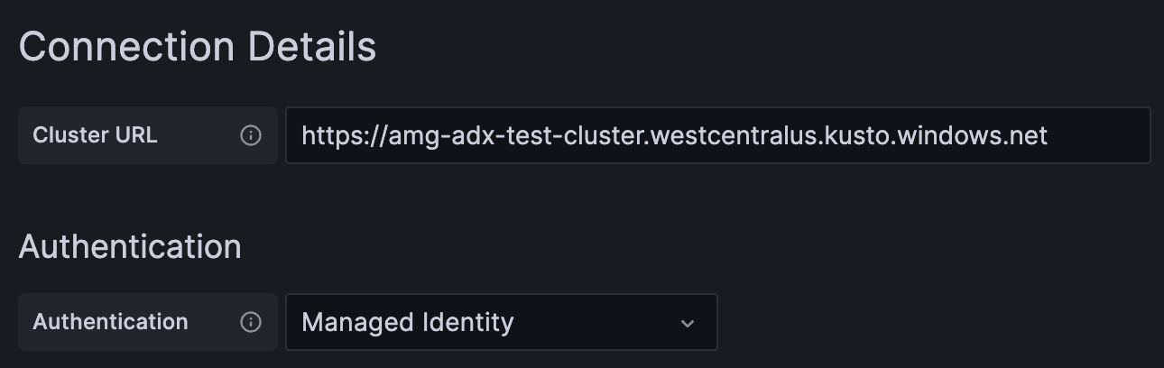 Screenshot del riquadro per i dettagli della connessione con la casella relativa all'URL del cluster evidenziato.