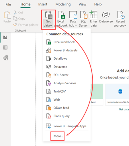 Screenshot della scheda Home in Power BI Desktop, che mostra il menu a discesa della voce della scheda Home intitolata Recupera dati con l'opzione Altro evidenziata.