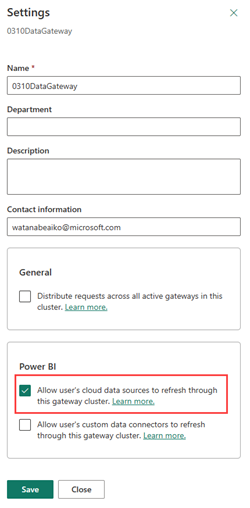 Screenshot delle impostazioni del gateway dati nella servizio Power BI.