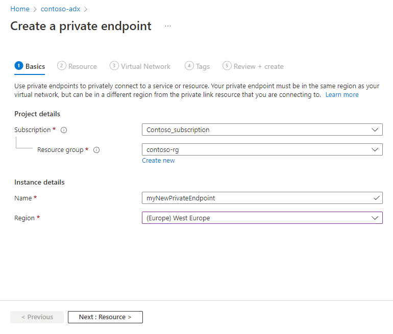 Screenshot della pagina crea endpoint privato che mostra le informazioni di base.