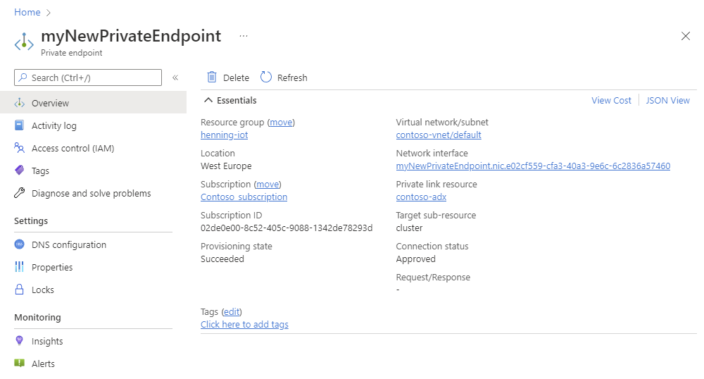 Screenshot della pagina crea endpoint privato che mostra i risultati della creazione dell'endpoint privato.