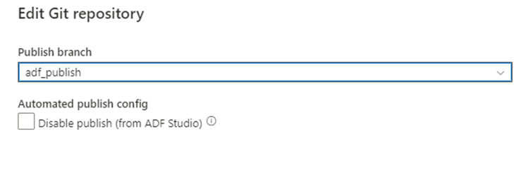 Screenshot che mostra la pagina di modifica del repository Git e il pulsante Disabilita pubblicazione (da ADF Studio).