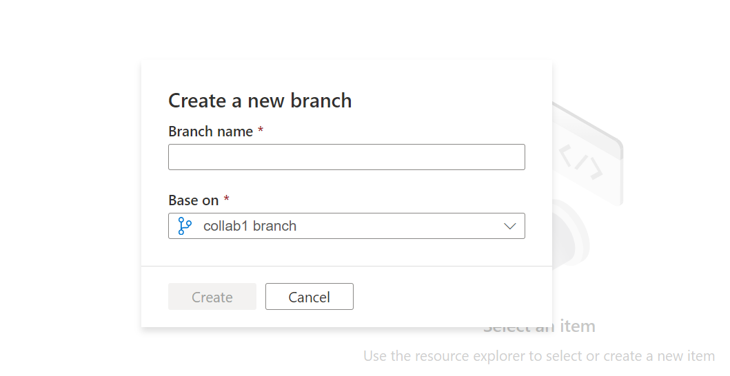 Screenshot che mostra come creare un ramo basato sul ramo privato.