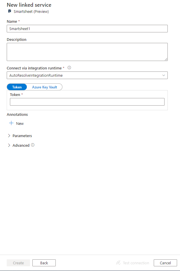 Screenshot della configurazione per il servizio integrato Smartsheet.