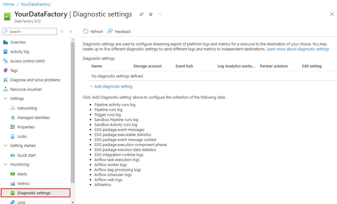 Screenshot that shows adding a diagnostic setting if settings exist.