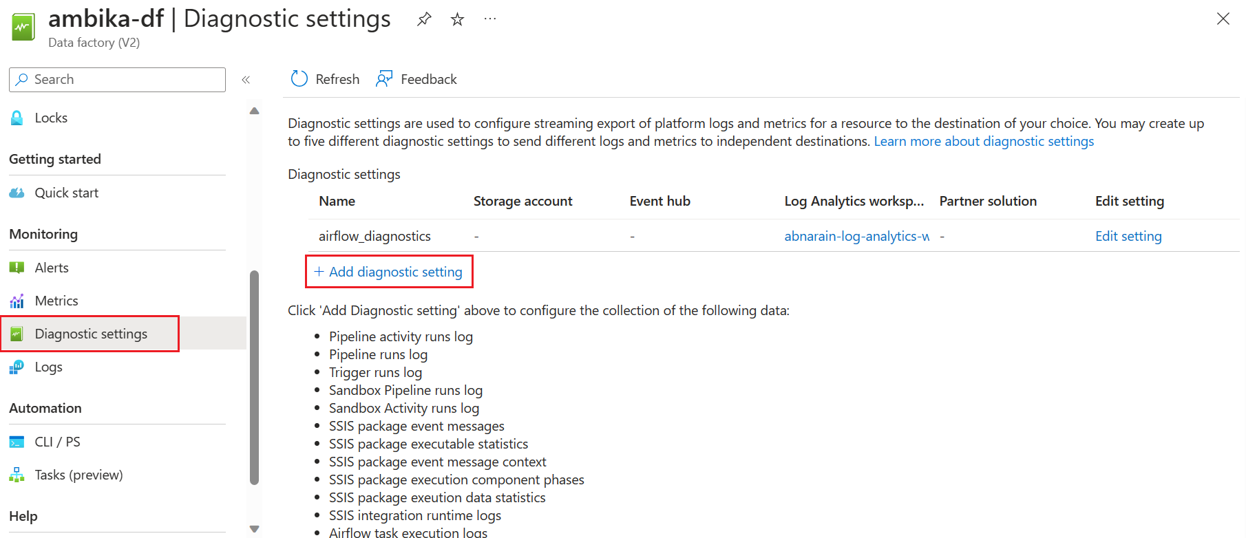 Screenshot che mostra dove si trova la scheda Log di diagnostica in Data Factory.