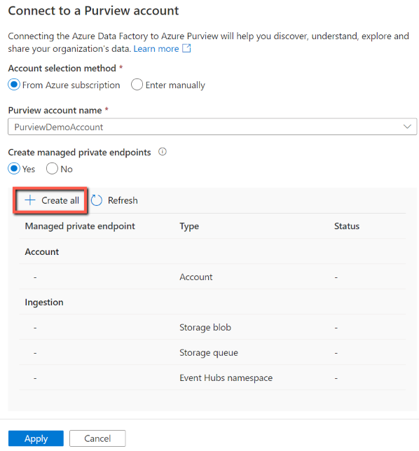Creare un endpoint privato gestito per l'account Microsoft Purview connesso.