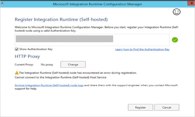 Screenshot della finestra Integration Runtime Configuration Manager che mostra un errore di registrazione del runtime di integrazione.