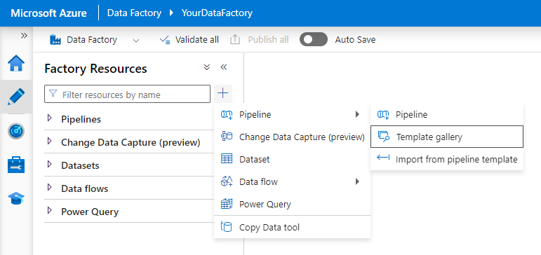 Screenshot che mostra come aprire la raccolta modelli dalla scheda Autore di Azure Data Factory Studio.