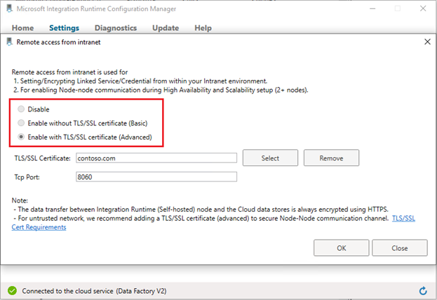 Screenshot che mostra l'abilitazione con il certificato TLS/SSL (Avanzato).
