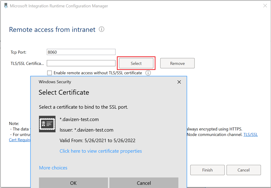 Screenshot che mostra la selezione del certificato.