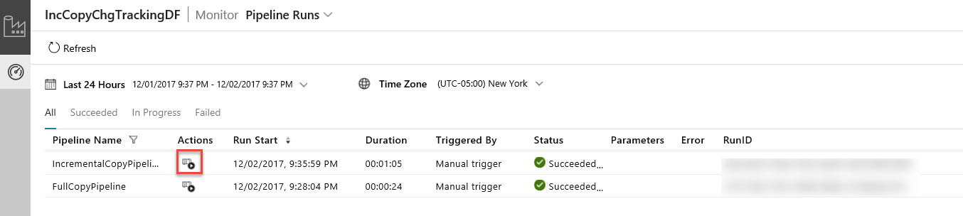 Screenshot che mostra le esecuzioni della pipeline per una data factory che include la pipeline corrente.