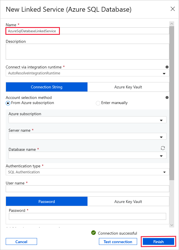 Finestra New linked service (Nuovo servizio collegato)